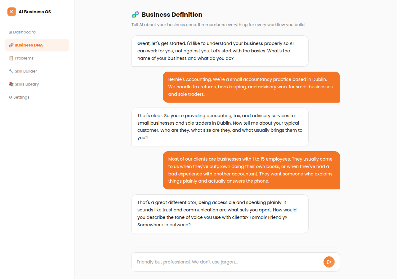 KelsoFlo Business DNA conversational interface where AI learns about your business through guided questions