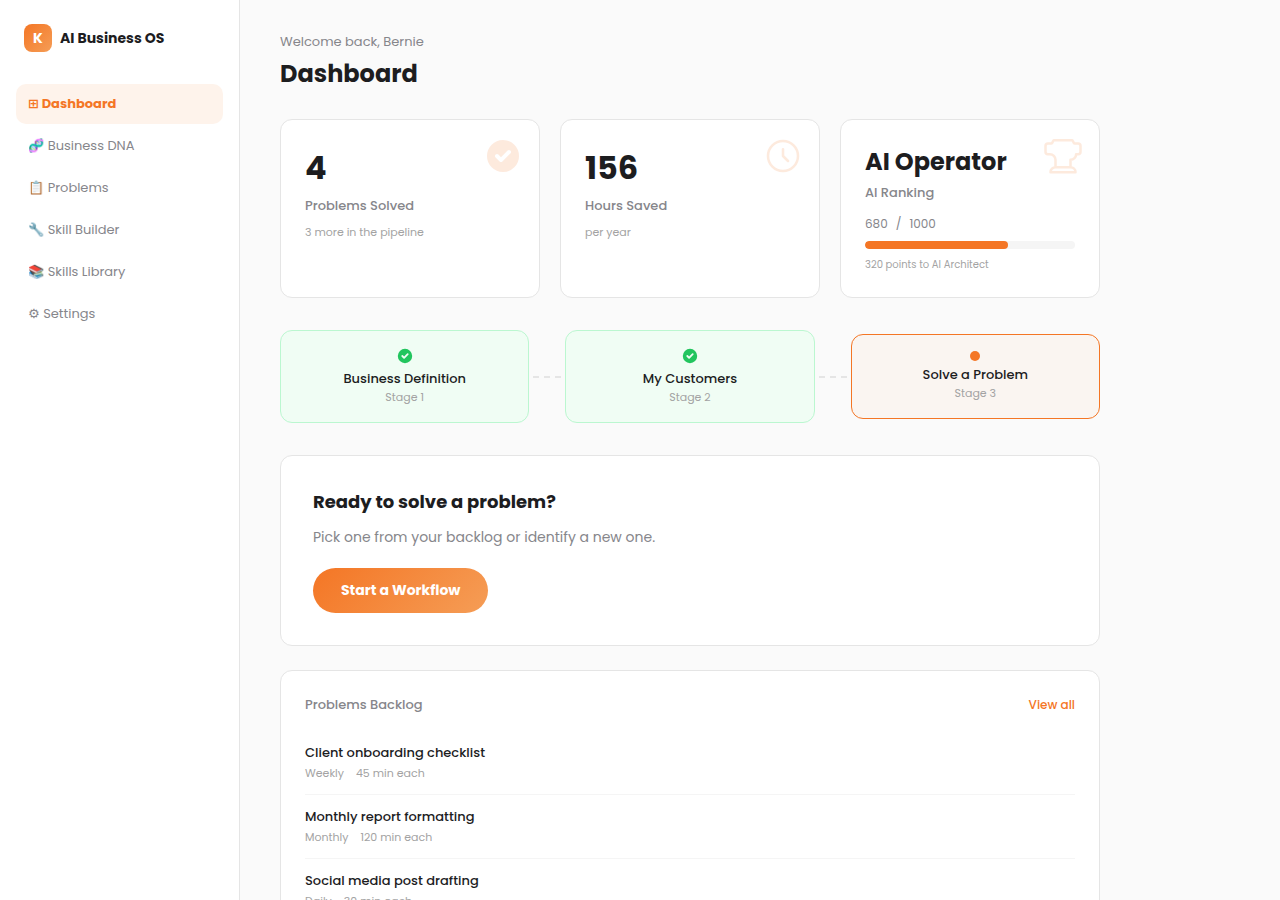 KelsoFlo Dashboard showing problems solved, hours saved, and AI ranking