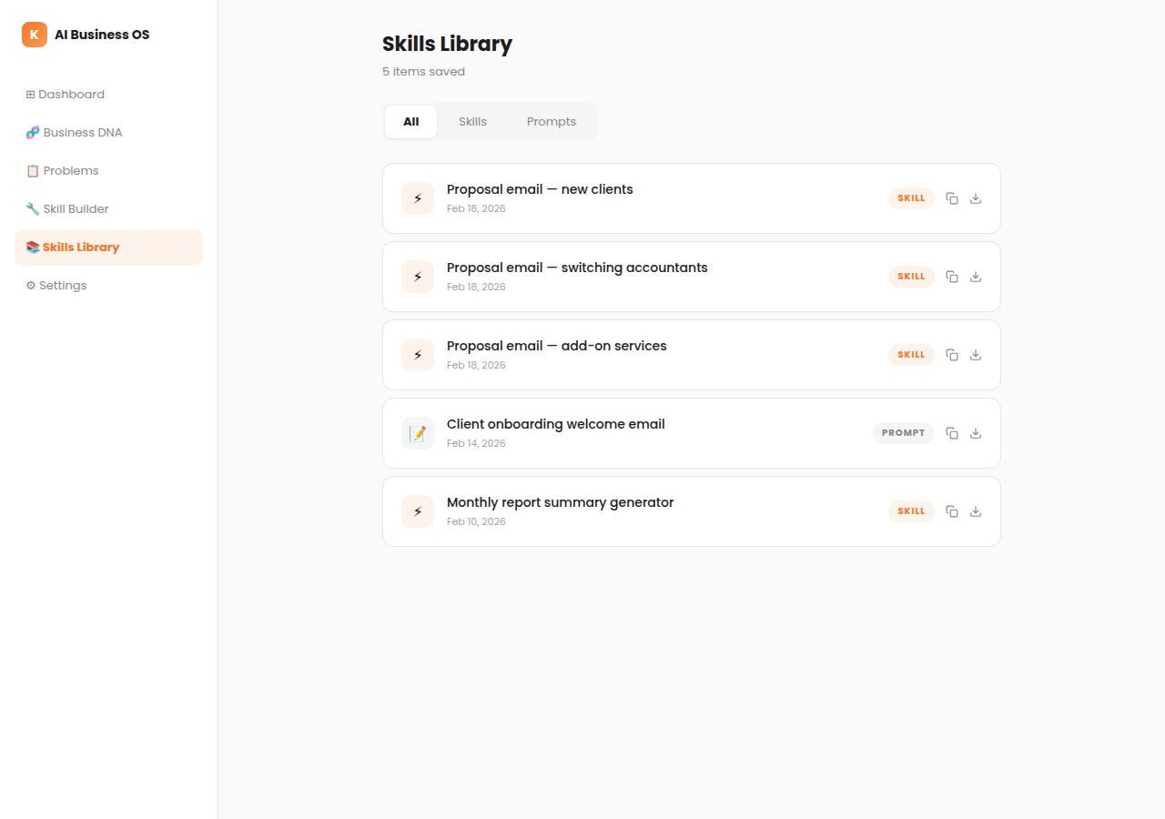 Skills Library showing saved reusable workflows including proposal emails, onboarding, and report generators