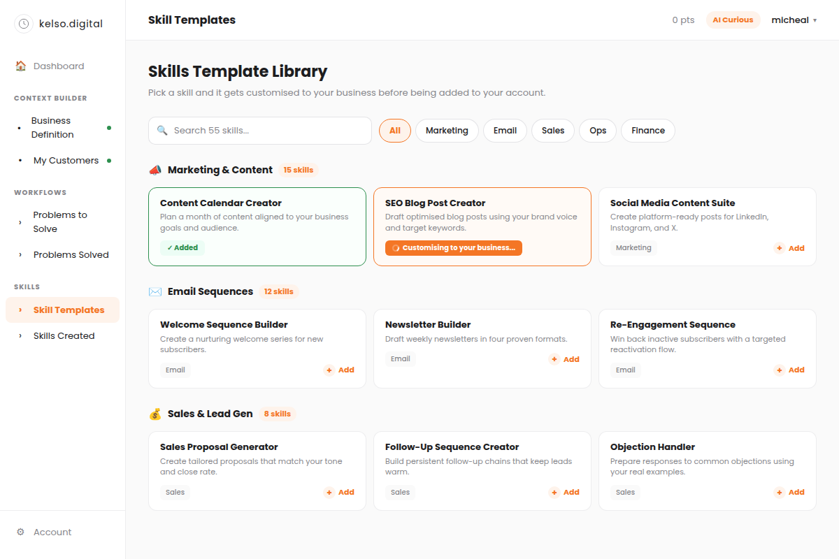 Template Skills Library showing 50+ ready-made skills organised by category